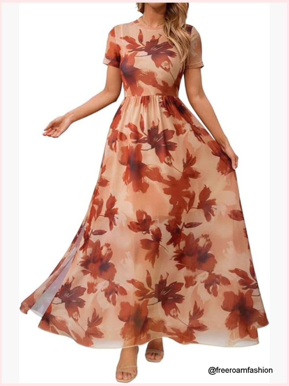Mesh Maxi Dress High Waist Floral Print Slit Formal Casual Summer Boho
